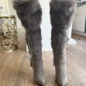 Sergio Rossi Gray Fur-Trim Knee Boots